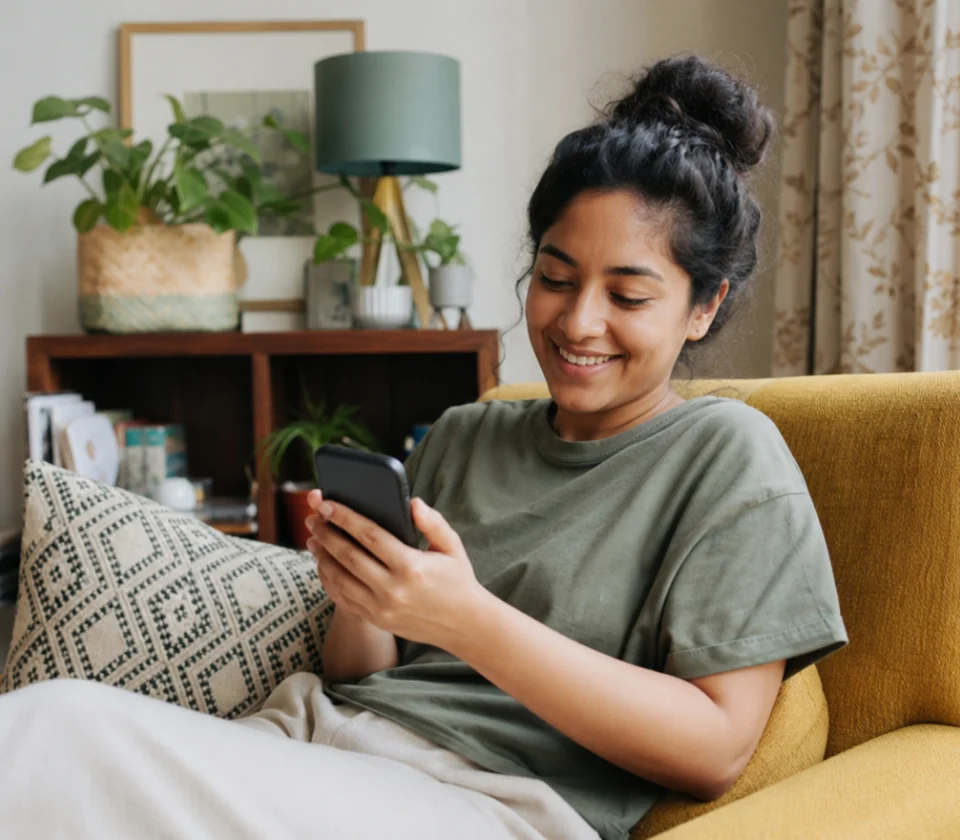Iemand zit ontspannen thuis op de bank en leest een artikel uit de kennisbank op de telefoon.